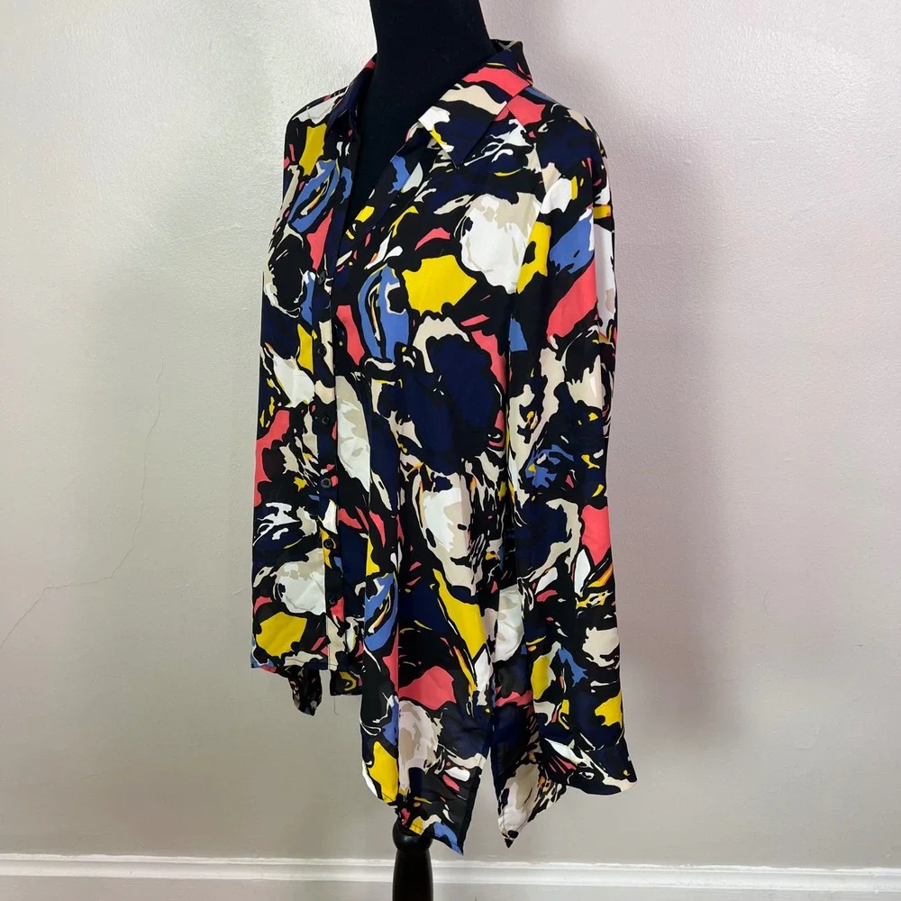 Dana Buchman Womens XL Abstract Floral Button Up Blouse Multicolor Long Sleeve - Picture 2 of 9
